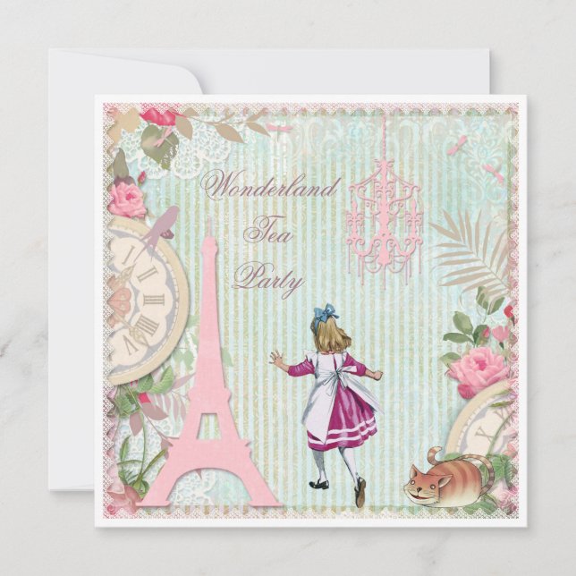 Invitación Alicia en París Shabby Chic Wonderland Tea Fiesta (Anverso)