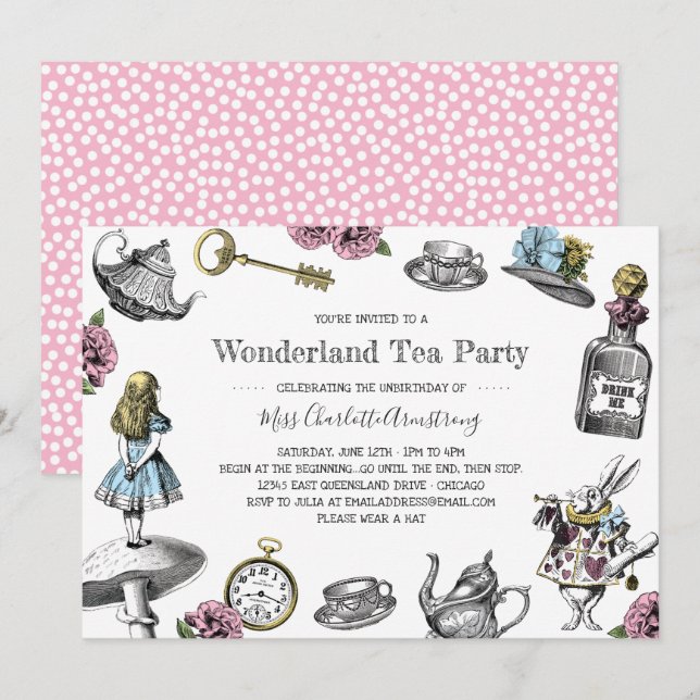 Invitación Alicia en puntos de Polka, Fiesta de té en el país (Anverso / Reverso)