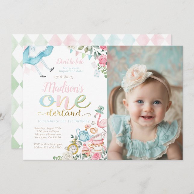 Invitación Alicia en ÚNICA Deriva primer cumpleaños (Anverso / Reverso)