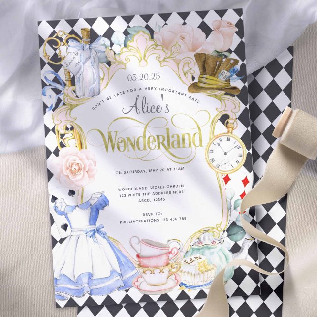 Invitación Alicia, fiesta del té, en el maravilloso chica ros (Girl 1st birthday, Alice in Wonderland themed birthday invitations)