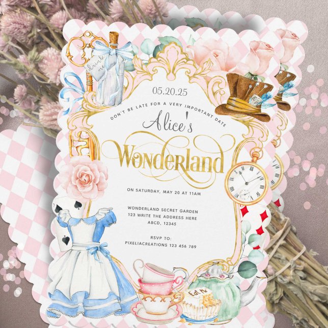 Invitación Alicia, fiesta del té, en el maravilloso chica ros (Cute girl 1st birthday invitation, Alice in Wonderland themed birthday invitation. )