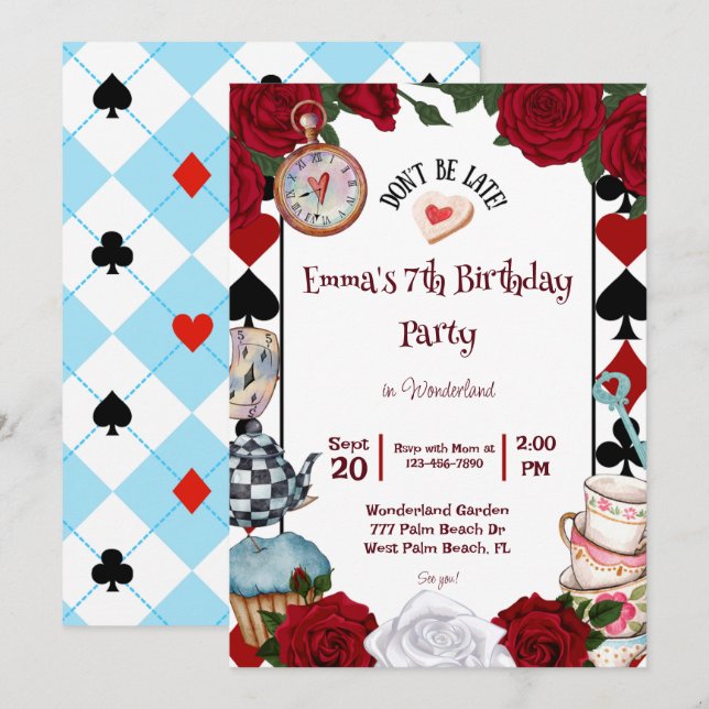 Invitación Alicia, Fiesta del té, en la fiesta de cumpleaños  (Anverso / Reverso)