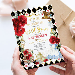 Invitación Alicia floral roja en té de ducha de novia en el p