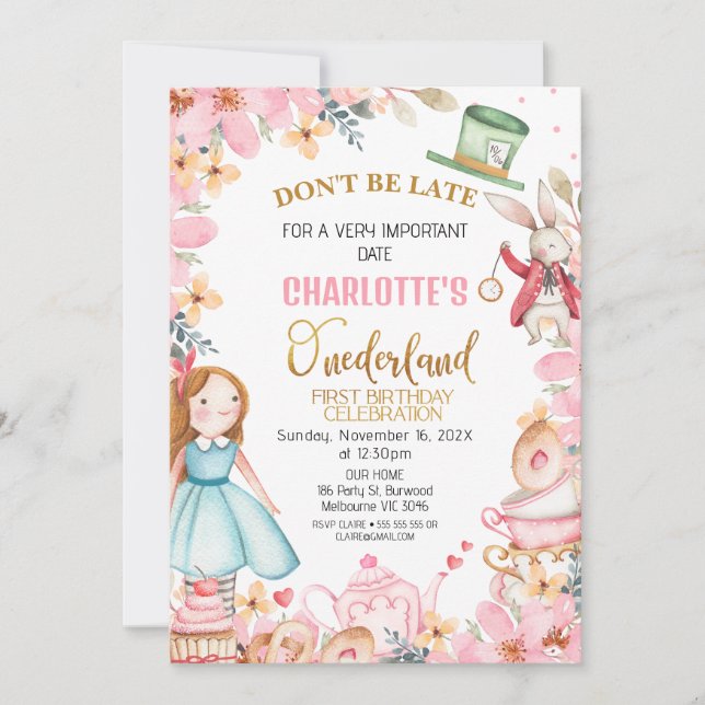 Invitación Alicia Floral Rosa En El Primer Cumpleaños De Aust (Anverso)