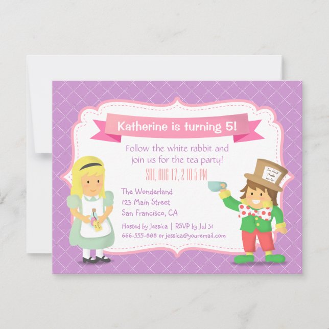 Invitación Alicia morada en el país de las maravillas Fiesta  (Anverso)