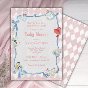 Invitación Alicia no llega tarde en el Baby Shower rosado de 
