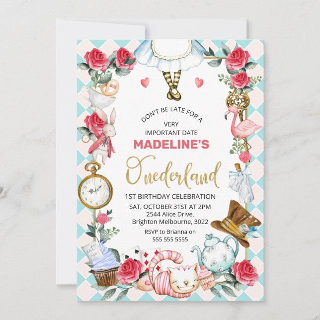 Invitación Alicia Rosa Azul En El Primer Cumpleaños De Austra (Anverso)