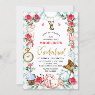 Invitación Alicia Rosa Azul En El Primer Cumpleaños De Austra