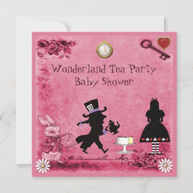 Invitación Alicia rosa en Baby Shower, Fiesta del té de las m (Anverso)