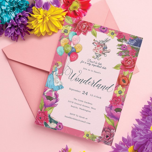 Invitación Alicia Vintage tardía en floral de Wonderland (Don't Be Late Vintage Alice In Wonderland Floral Invitation)