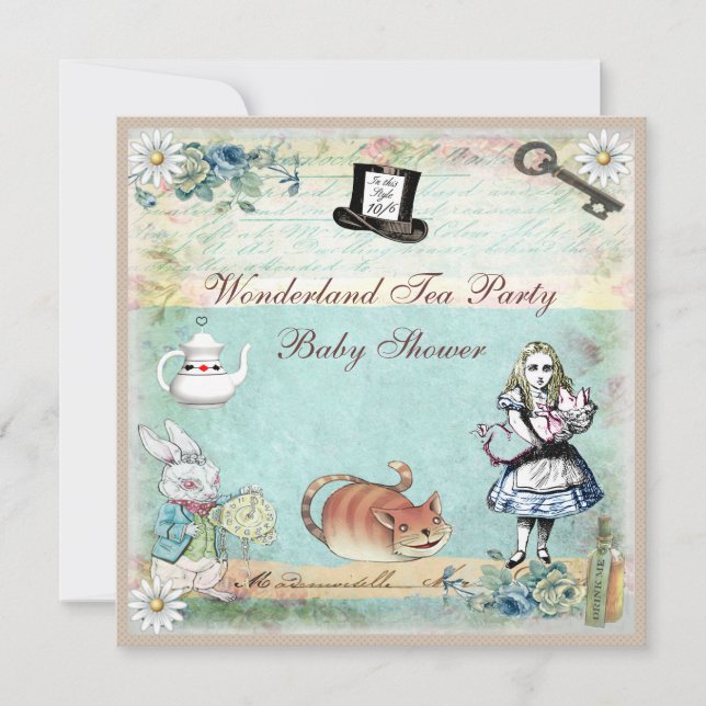 Invitación Alicia y el Baby Shower de las maravillas del gato (Anverso)