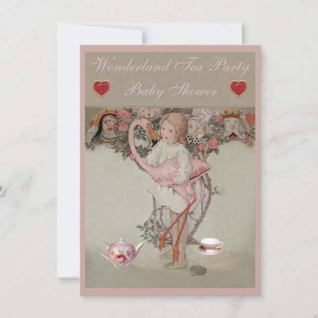 Invitación Alicia y fiesta del té rosada de Baby Shower del (Anverso)