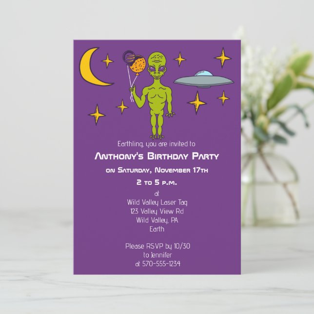 Invitación Alien espacial con fiesta de cumpleaños de los glo (Anverso de pie)