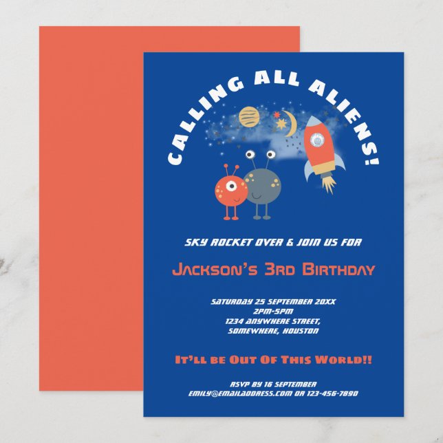 Invitación Aliens Spaceship Personalizado Boy 3 cumpleaños az (Anverso / Reverso)