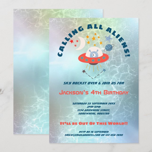 Invitación Aliens Verde azulada Watercolor 4º fiesta de cumpl (Anverso / Reverso)