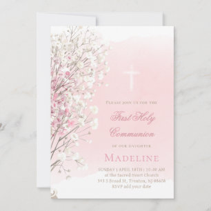 Invitación aliento de bebé acuarela rosa Primera Comunión