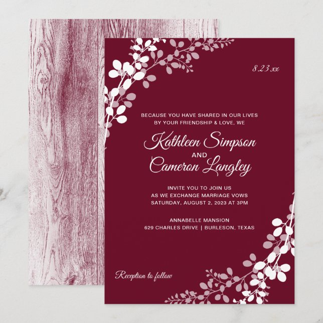 Invitación Aliento de Bebé Boda de Madera Rústica | Marsala (Anverso / Reverso)