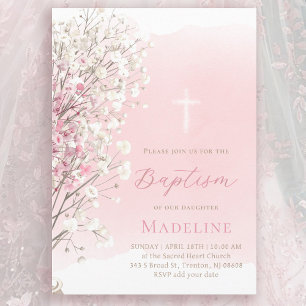 Invitación aliento de bebé de acuarela rosa Bautizo niña be