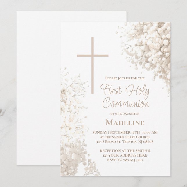 Invitación Aliento de bebé flores blancas Primera Comunión (Anverso / Reverso)