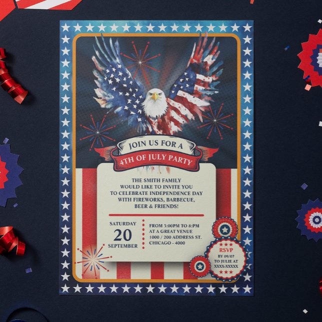 Invitación All American 4 July - USA Independance Day (Celebrate in true American spirit with this bold and dynamic 4th July invitation.)