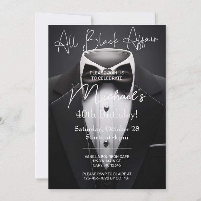Invitación All Black Affair adult man birthday invitation. (Anverso)