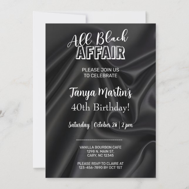 Invitación All Black Affair adult woman birthday invitation. (Anverso)