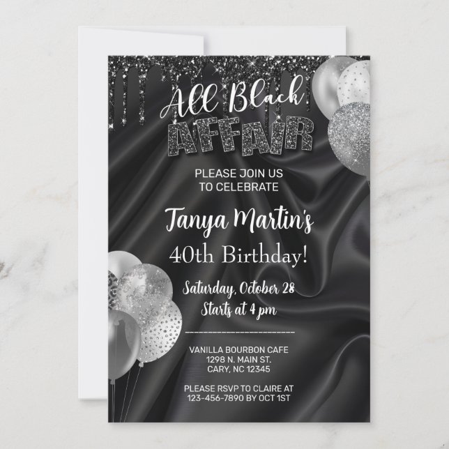 Invitación All Black Affair adult woman birthday invitation. (Anverso)