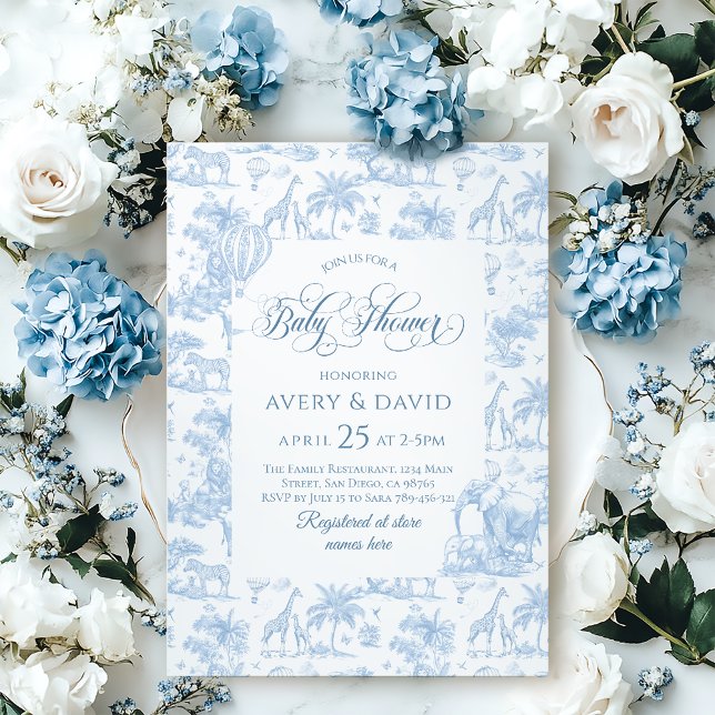 Invitación All Blue Toile Safari Animal Baby Shower (Subido por el creador)