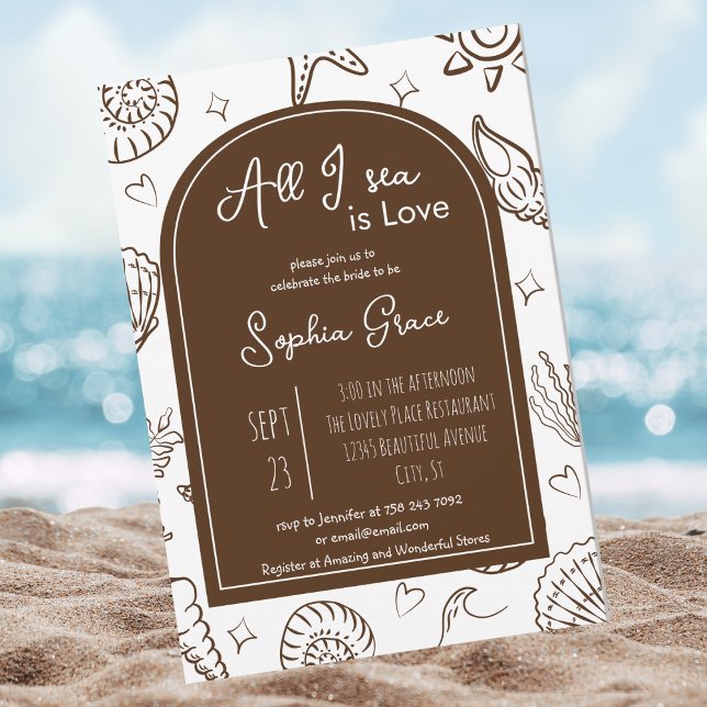Invitación All I Sea is Love Brown Seashells Doodles  (Subido por el creador)