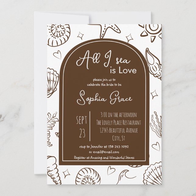 Invitación All I Sea is Love Brown Seashells Doodles  (Anverso)