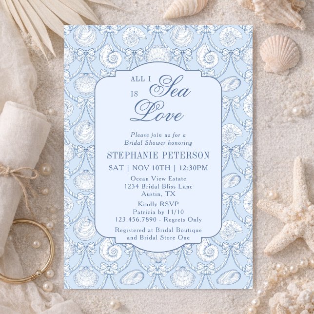Invitación All I Sea Is Love Dusty Blue Coastal Bridal Shower (Subido por el creador)