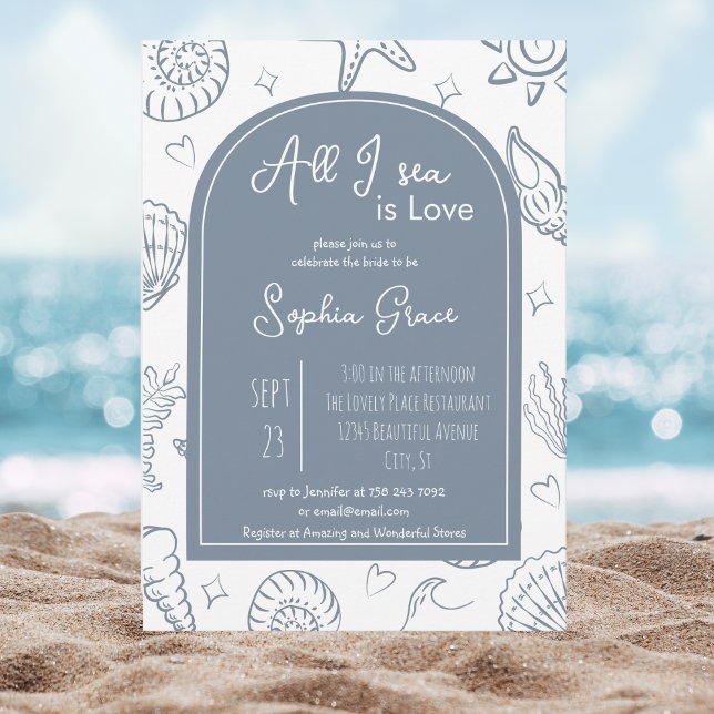 Invitación All I Sea is Love Dusty Blue Seashells Doodles  (Subido por el creador)