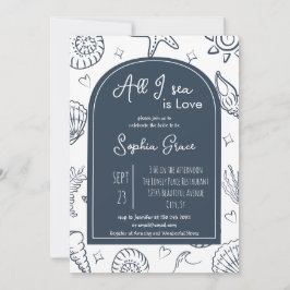 Invitación All I Sea is Love Navy Blue Seashells Doodles