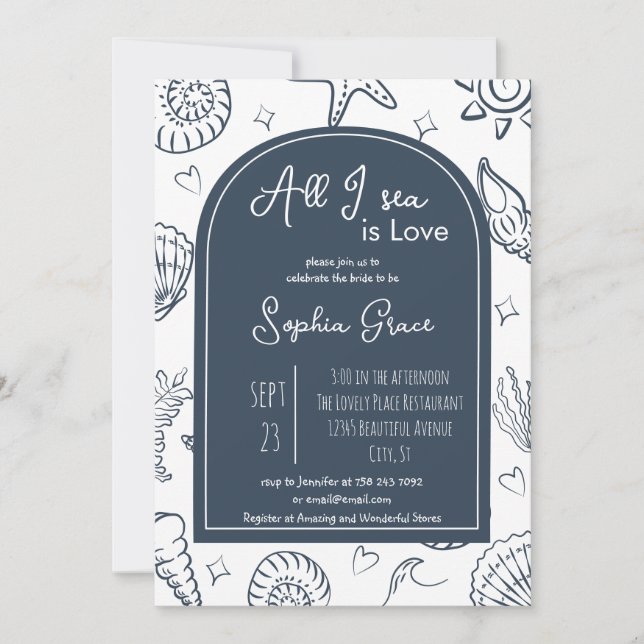 Invitación All I Sea is Love Navy Blue Seashells Doodles  (Anverso)