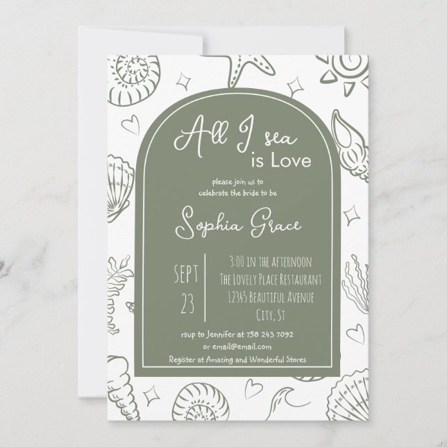 Invitación All I Sea is Love Sage Green Doodles Bridal Shower (Anverso)