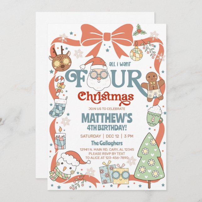 Invitación All I want FOUR Christmas boy 4th birthday invite. (Anverso / Reverso)