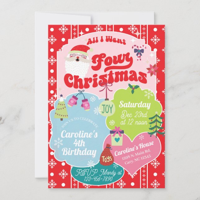 Invitación All I want four Christmas girl 4th birthday. (Anverso)