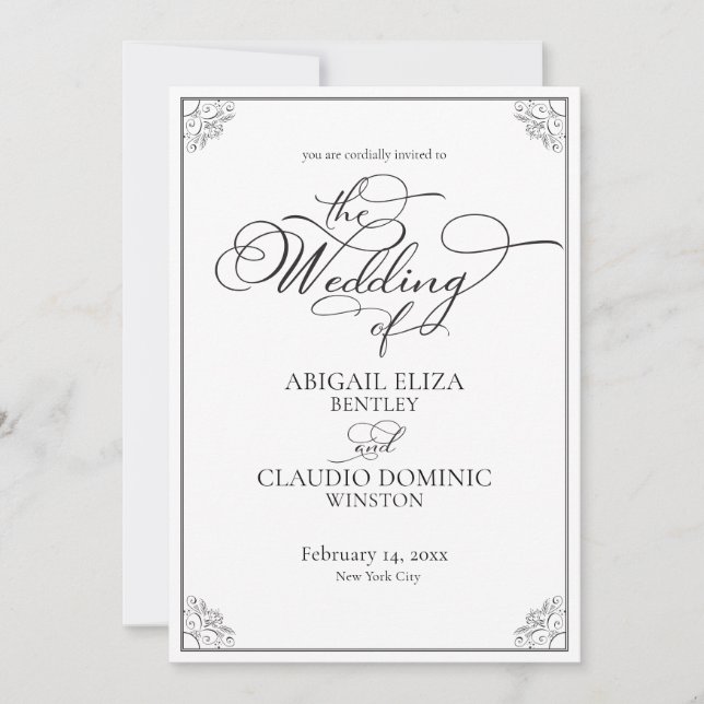 Invitación All-In-On Simple Classic Black & White Wedding (Anverso)