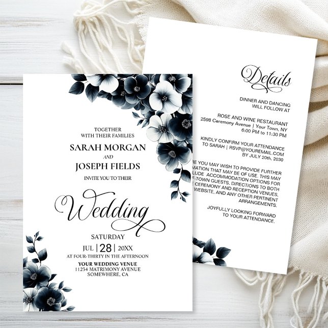Invitación All in One Black White Floral Wedding (Subido por el creador)