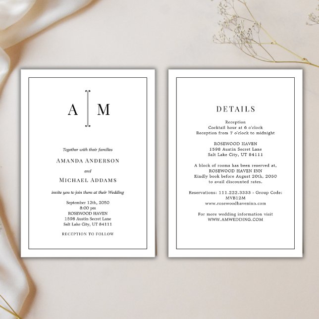 Invitación All-In-One Black White Monogram Minimal Wedding (Subido por el creador)