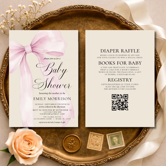 Invitación All in One Blush Pink Bow Linen Baby Shower (Subido por el creador)
