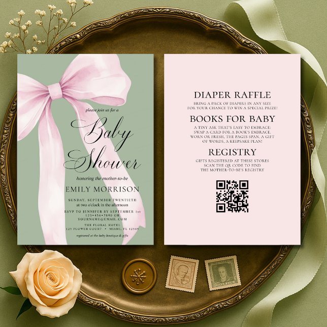 Invitación All in One Blush Pink Bow Sage Green Baby Shower (Subido por el creador)