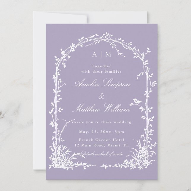 Invitación All in One Botanical Arch Garden Wedding Lavender (Anverso)