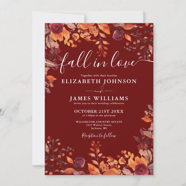 Invitación All In One Burgundy Fall In Love QR Code Wedding (Anverso)