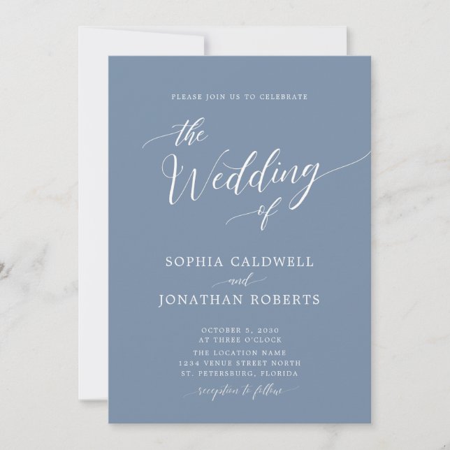 Invitación All in One Calligraphy trendy Dusty Blue Boda (Anverso)