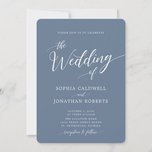 Invitación All in One Calligraphy trendy Dusty Blue Boda (Anverso)