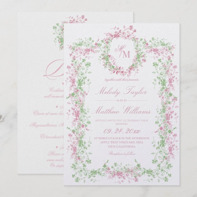Invitación All in One Delicate Blush and Sage Ornate Wedding (Anverso / Reverso)
