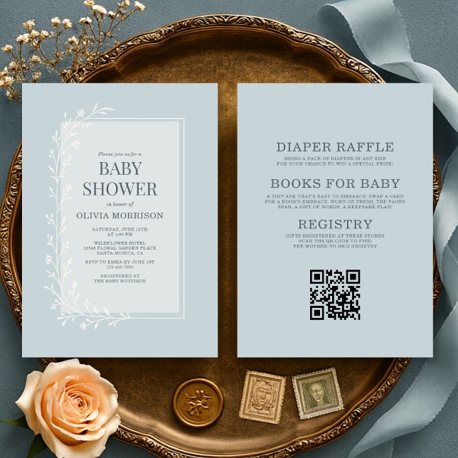 Invitación All in One Dusty Blue Botanical Floral Baby Shower (Subido por el creador)