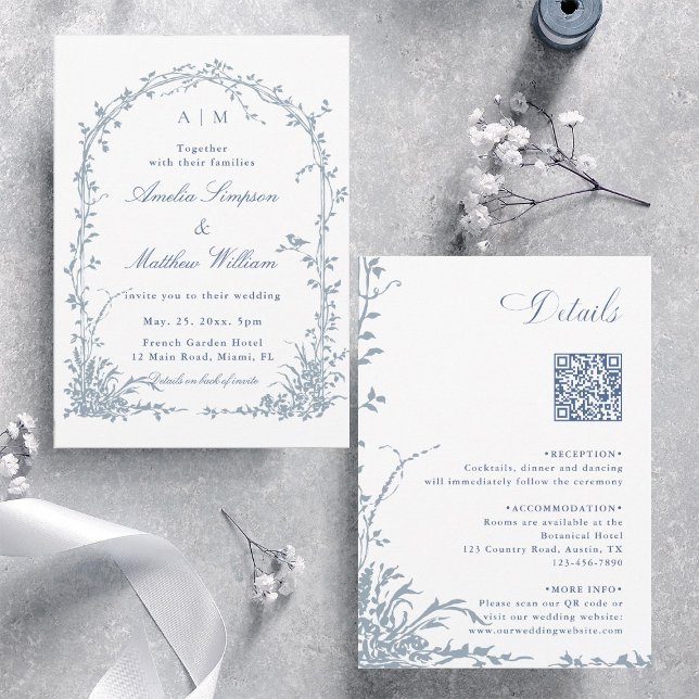 Invitación All in One Dusty Blue Floral Garden Wedding Arch  (Front & Back)