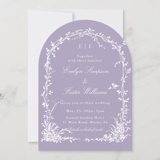 Invitación All in One Floral Arch Garden Wedding Lavender (Anverso)